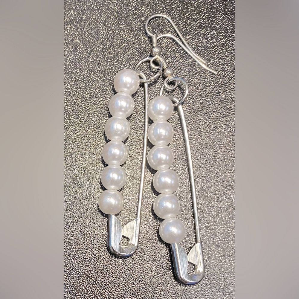 Safety Pin dangle Earrings with White Pearls